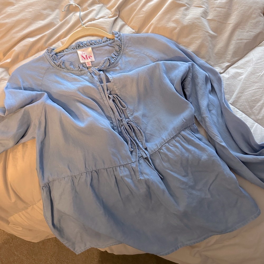Boutique Blue Ruffled Tie Front Blouse